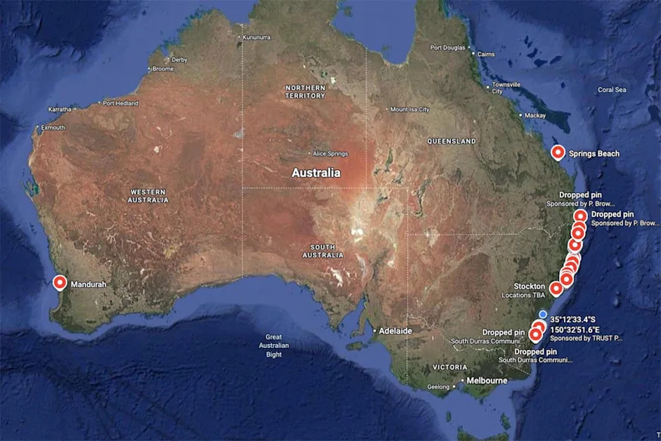 A map of Australia with dozens of pinpoints showing exactly where shark bite kits have been installed.