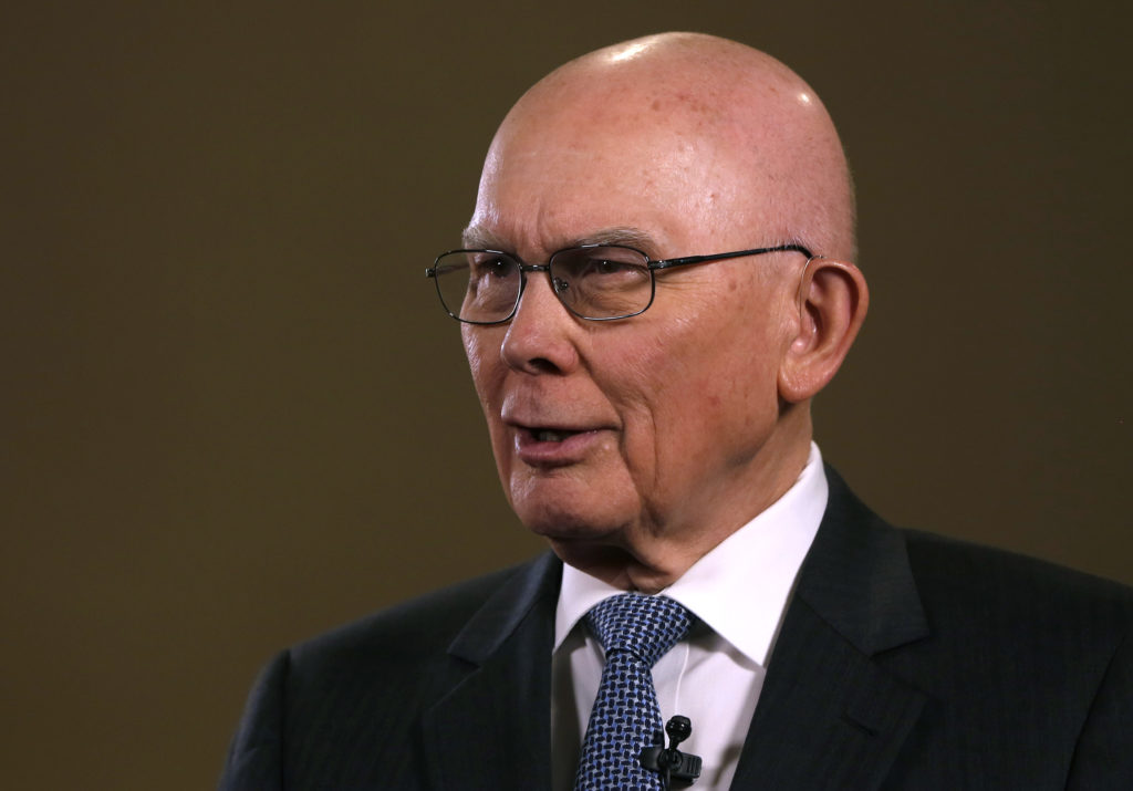 Dallin H Oaks, an elder in The Church of Jesus Christ of Latter-Day Saints, speaks to the media after a rare press confere...