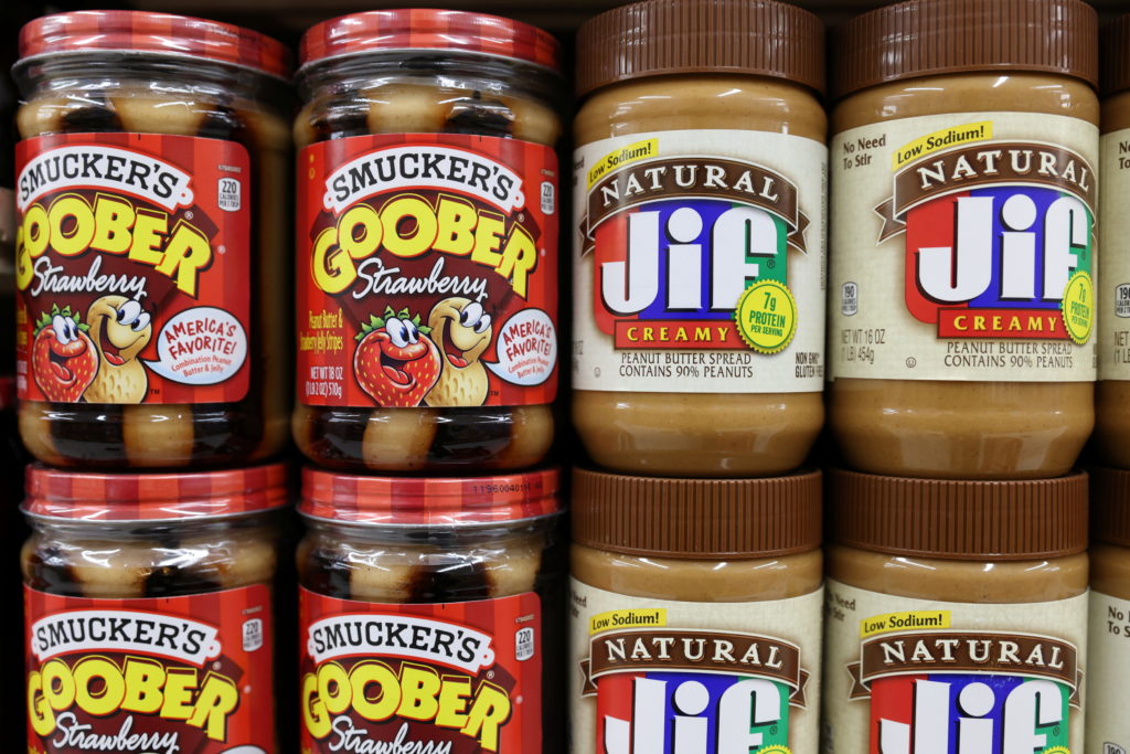 Smucker's Goober Strawberry and Jif peanut butter, brands owned by The J.M. Smucker Company, are seen for sale in a store ...