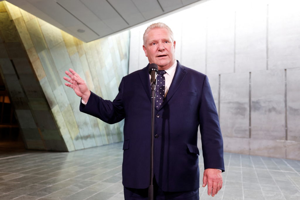 Ontario Premier Doug Ford speaks to journalists before a meeting with federal, provincial and territorial leaders at the C...