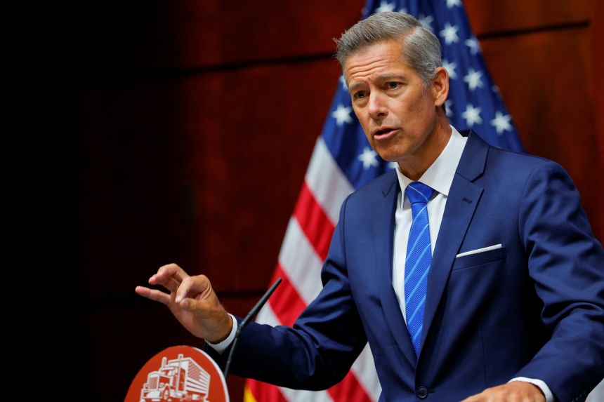 Transportation Secretary Sean Duffy speaks during a news conference at the Department of Transportation in Washington, DC, on August 26.