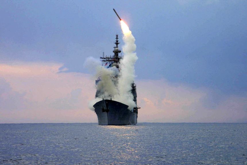A Tomahawk missile pictured launching from the guided missile cruiser USS Cape St. George in 2003.