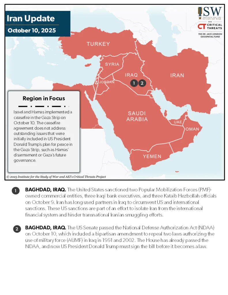 Iran Update, October 10, 2025 One Pager of Middle East Region