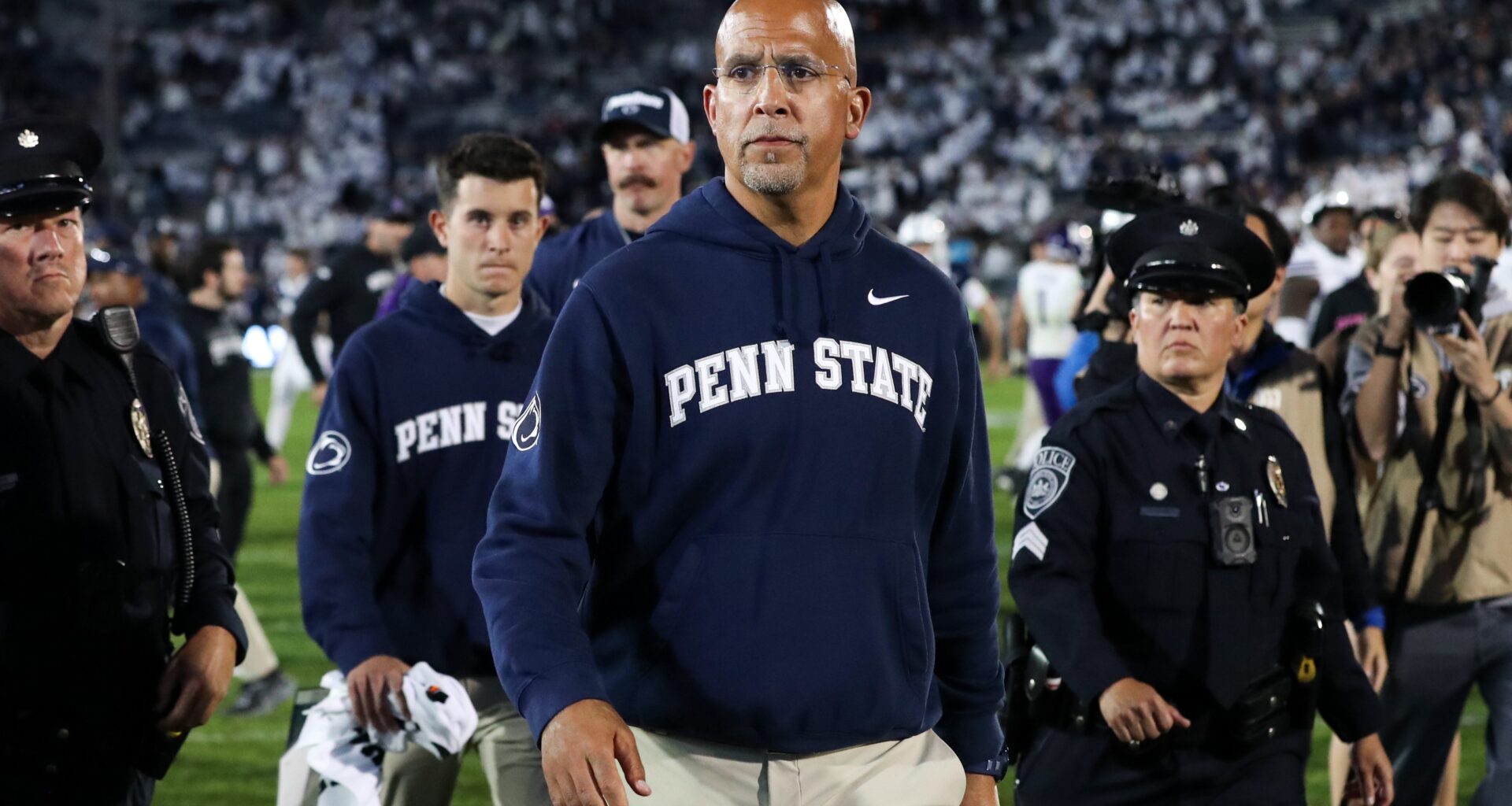 Penn State Nittany Lions head coach James Franklin walks off the field