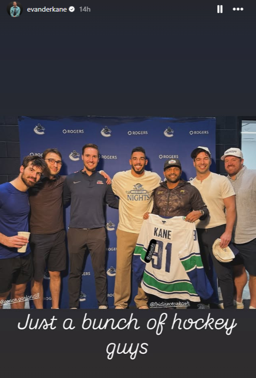 A social media post showing Evander Kane arm in arm with several people including Kash Patel