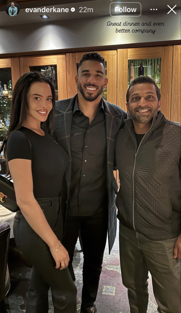 A social media post showing Evander Kane arm in arm with his partner and Kash Patel