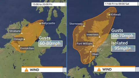 Two amber warnings for strong winds. One covers parts of Northern Ireland valid from 15:00 - 20:00 Friday. The other is for northern and western Scotland and valid from 1700 on Friday till 0900 on Saturday