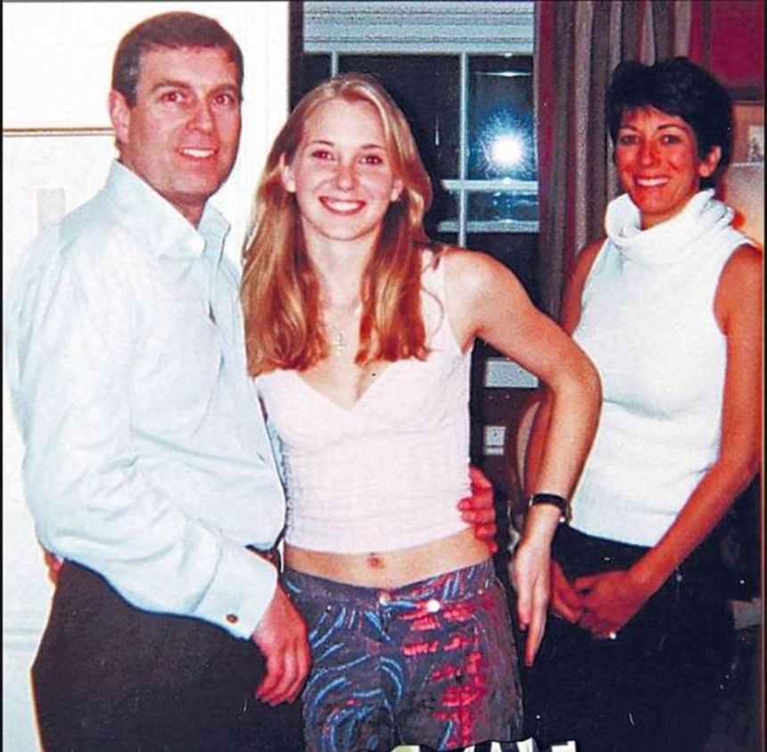 A photograph appearing to show Prince Andrew with Virginia Giuffre and Ghislaine Maxwell, an accomplice of Jeffrey Epstein.