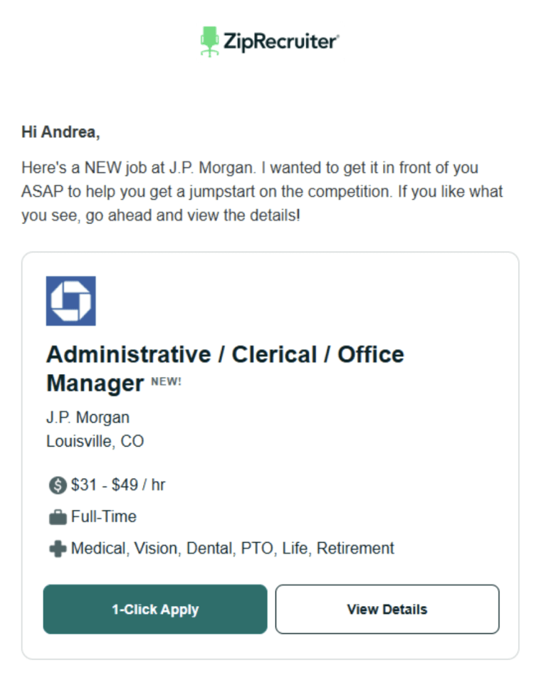 Andrea Maestas received this notice about a job on ZipRecruiter. The posting turned out to be fake.