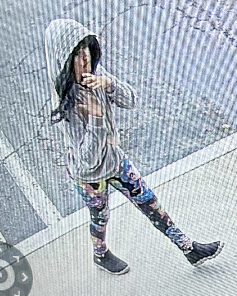 Melodee Buzzard wearing a gray hooded sweatshirt and what appears to be a wig.