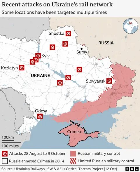 A map shows the locations of Russian air strikes on Ukraine's railway network in recent months