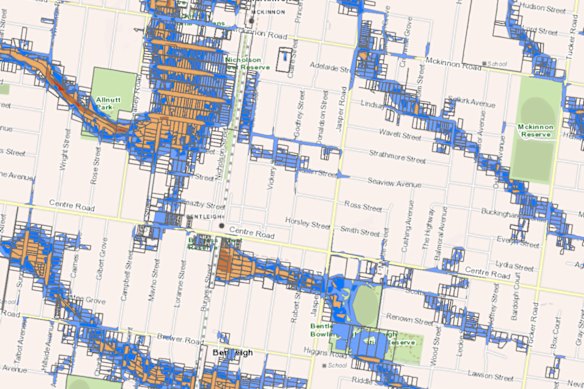 An example of new flood mapping for Glen Eira Council by Melbourne Water, showing parts of McKinnon and Bentleigh.