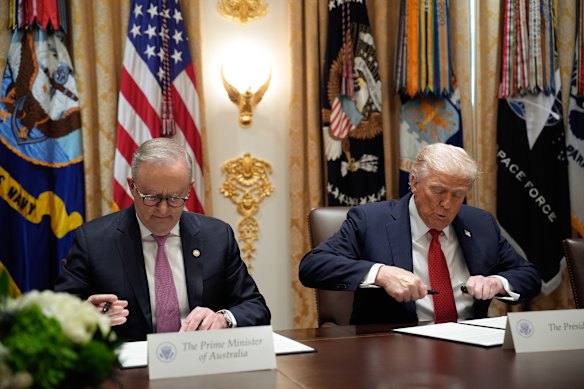 US President Donald Trump meets with Australian Prime Minister Anthony Albanese in the Cabinet Room at the White House.
