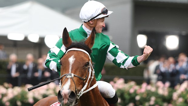 James McDonald riding #6 Via Sistina celebrates after winning the Cox Plate.