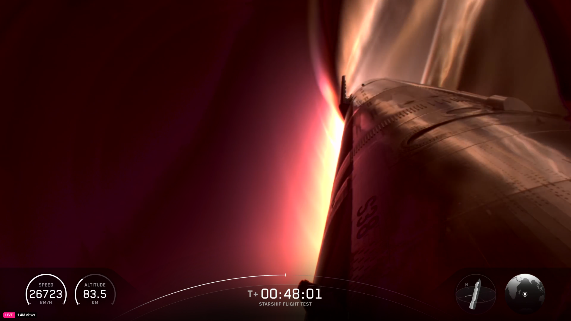 A winged silver Starship surrounded by red hot plasma during reentry on Flight 11.