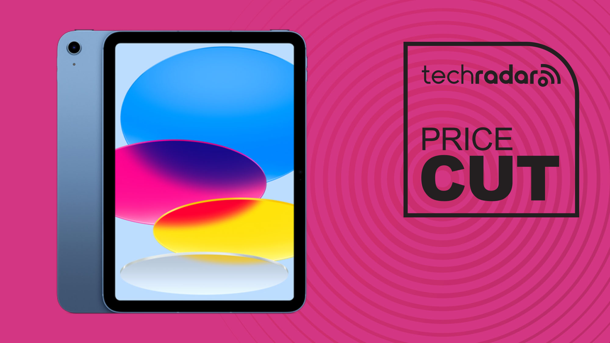 Apple iPad A16 in blue on magenta background with TechRadar price cut sign