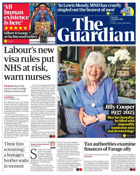 "Labour's new visa rules put NHS at risk, warn nurses" reads the headline on the front page of The Guardian. 