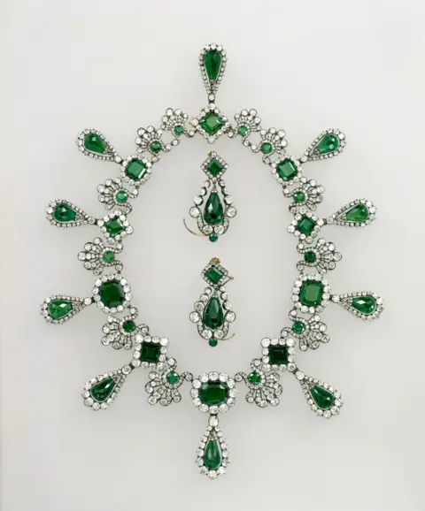 Louvre Museum A silver necklace with green jewels stolen during the Louvre heist