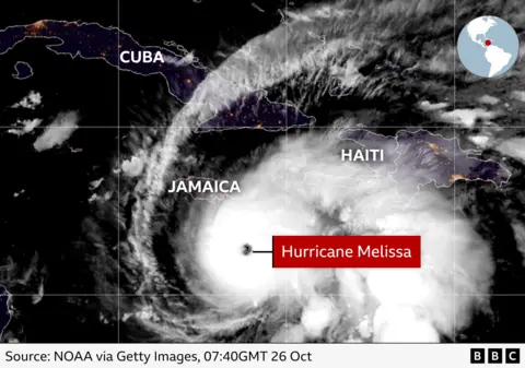 A satellite image shows the size of Hurricane Melissa as it approaches Jamaica.