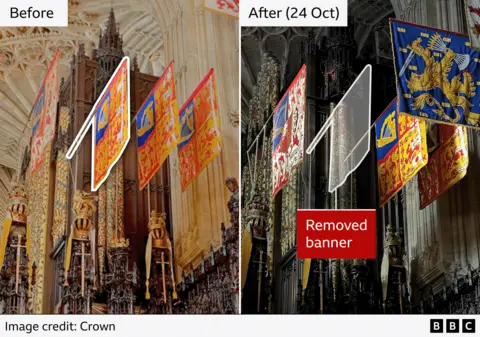 BBC Graphic showing a composite of two images. On the left are four flags hanging horizontally against the grand backdrop of the chapel. The second from the left is highlighted in white. At the top it says Before. On the right hand side three flags remain but there is a white outline where Prince Andrew's banner previously was. At the top it says After (24 Oct)