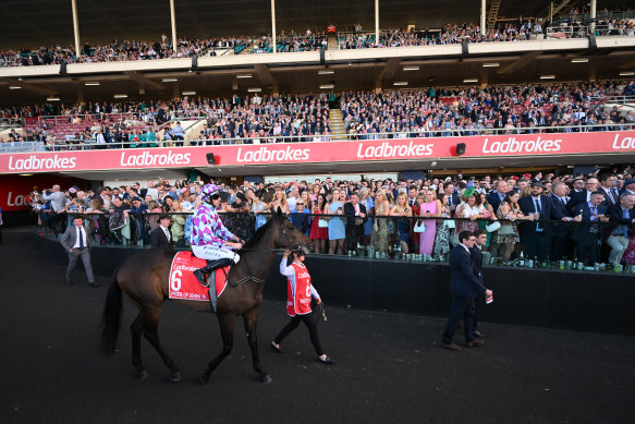 Declan Bates atop Pride of Jenni before last year’s Cox Plate.