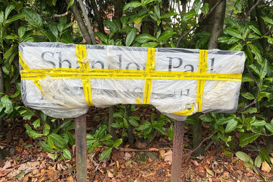 The damaged sign in east Belfast. Photo: Kirsten Elder for Belfast Telegraph