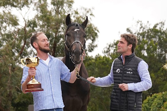 Middle Earth trainer Ciaron Maher, left, is aiming for his second Melbourne Cup victory after he and David Eustace won in 2022  with Gold Trip.