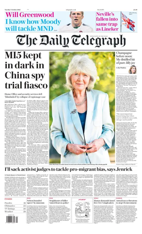 "MI5 kept in dark about China spy trial fiasco" reads the headline on the front page of The Daily Telegraph.