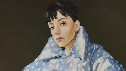 BMG Music/PA The cover artwork by Nieves Gonzalez for the new Lily Allen album, West End Girl. It shows a portrait of the singer wearing a blue and white spotted outfit
