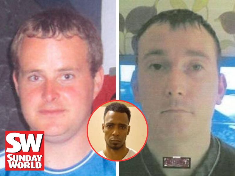 Murdered friends Eoin O'Connor and Anthony Keegan, and (inset) Neville van der Westhuizen