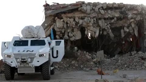 EPA File photo showing a Unifil armoured vehicle in the village of Odaisseh, southern Lebanon (20 October 2025)