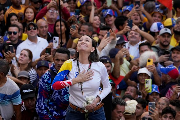 Maria Corina Machado addresses supporters at a protest against President Nicolás Maduro in Caraca.