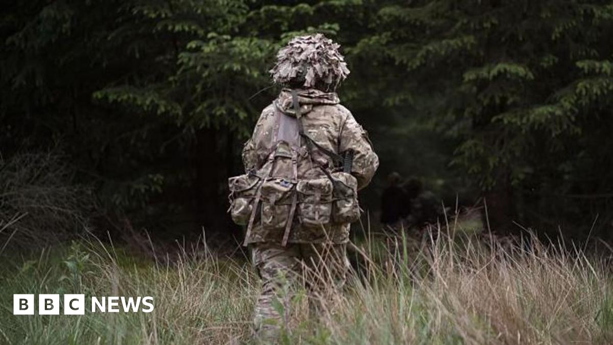 A person in camouflage military uniform walks towards some trees with long grass around them.