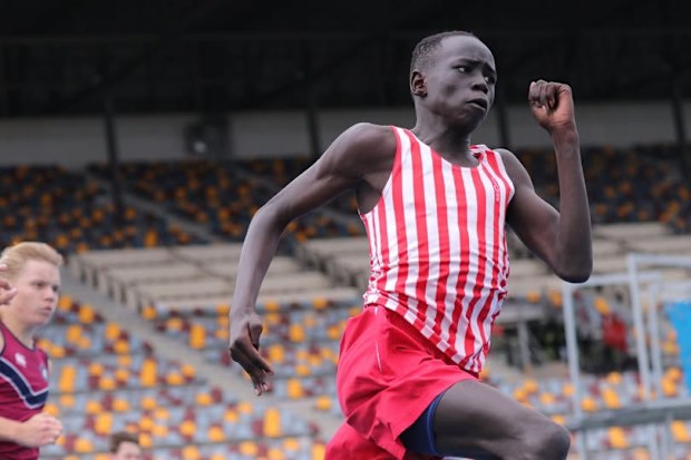 Gout Gout, aged 12 and in year seven, in action for Ipswich Grammar School at Queensland's 2020 GPS track and field carnival.