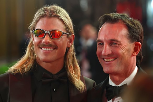 Geelong player Bailey Smith with AFL chief Andrew Dillon at the Brownlow Medal count.