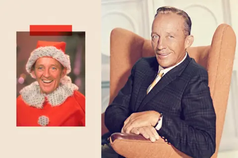 TV Times/ Getty Images/ Screen Archives A dual image showing Bing Crosby dressed as Santa Claus on the set of his holiday special Bing Crosby's White Christmas (left) and Bing as he poses in an armchair (right)
