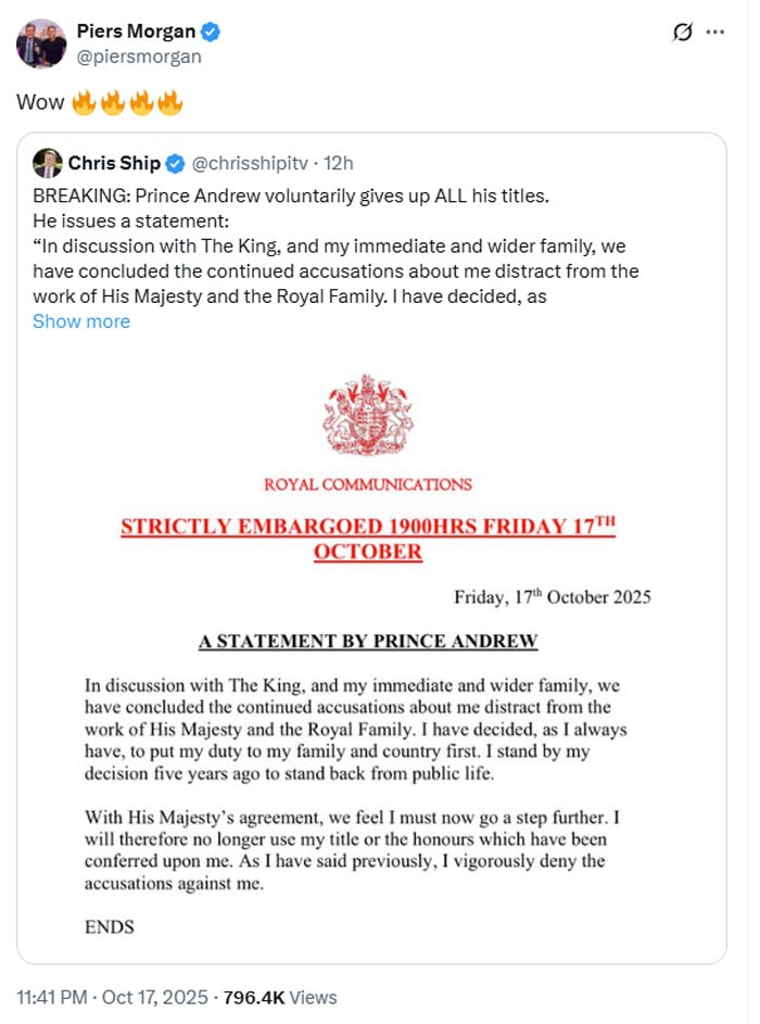 Piers Morgan reacts to Prince Andrews major decision over royal title