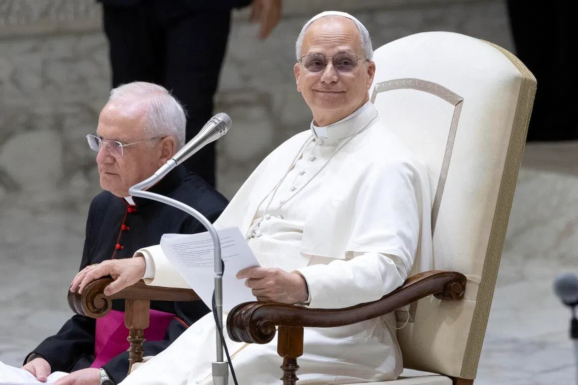 Pope Leo XIV attends the Jubilee of Roma, Sinti, and Travellers in the Paul VI Hall in the Vatican on Oct 18, 2025.