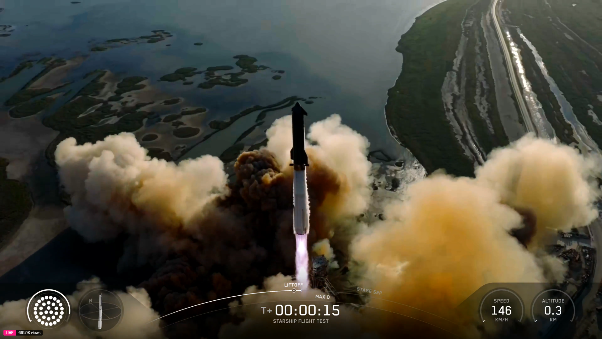 a giant silver rocket launches with a wetland and the sea behind it