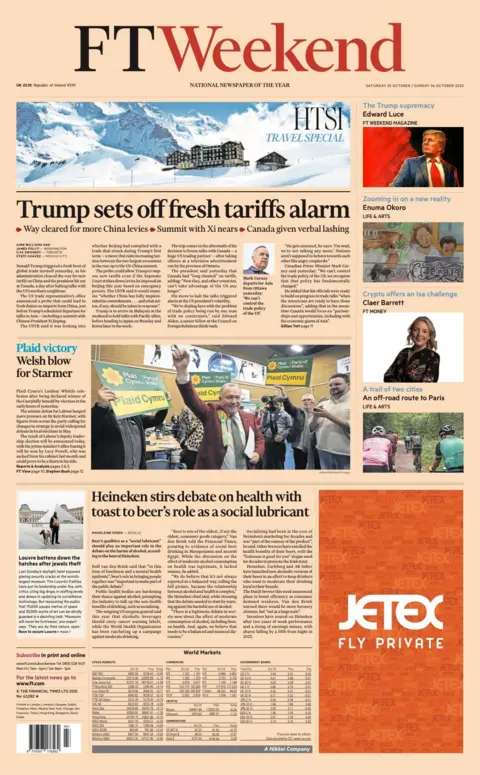 The headline on the front page of the Financial Times reads: "Trump sets off fresh tariffs alarm".