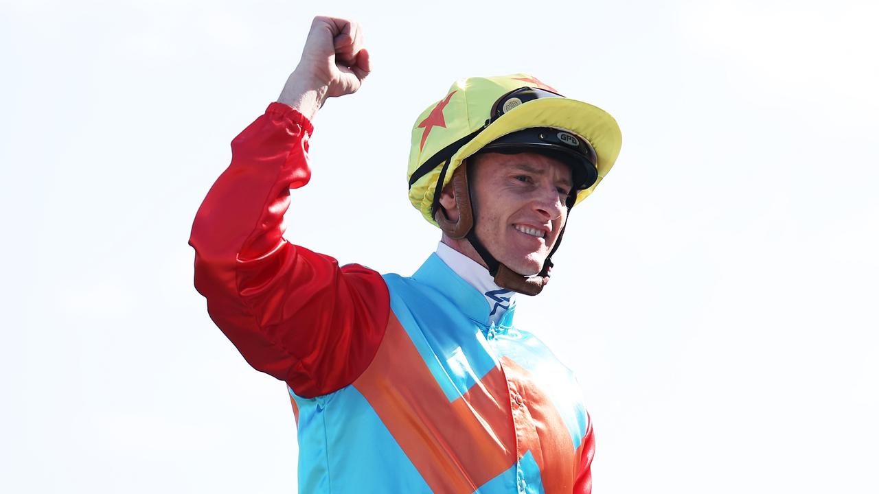 Zac Purton celebrates winning The Everest aboard Ka Ying Rising at Royal Randwick on Saturday. Photo: Jeremy Ng/Getty Images.