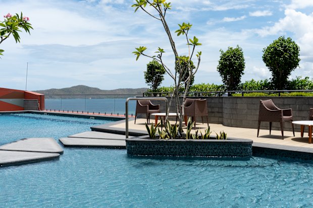 The pool overlooking the harbour in the existing Marriott building being offered to the NRL.