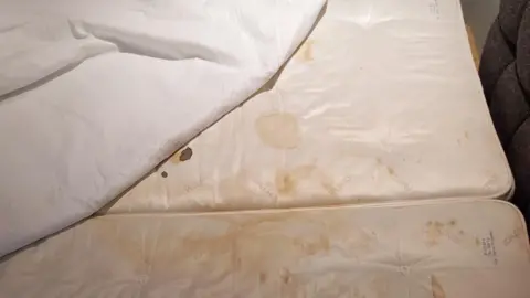 Supplied An image showing two mattresses, sheets pulled back with stains on them including what appears to be blood