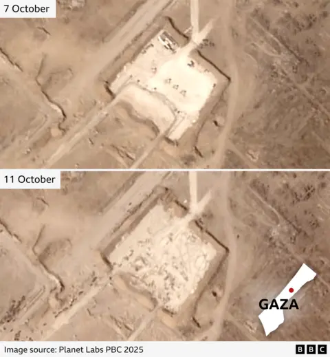 Satellite imagery from 7 October and 10 October showing the GHF's aid distribution site, known as SDS4