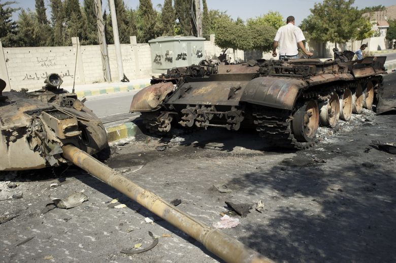 In Al Tal, weeks before his disappearance, Tice photographed two tanks that had been struck by rebel fighters.