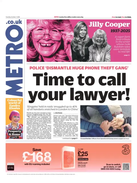 "Time to call your lawyer!" reads the headline on the front page of Metro.