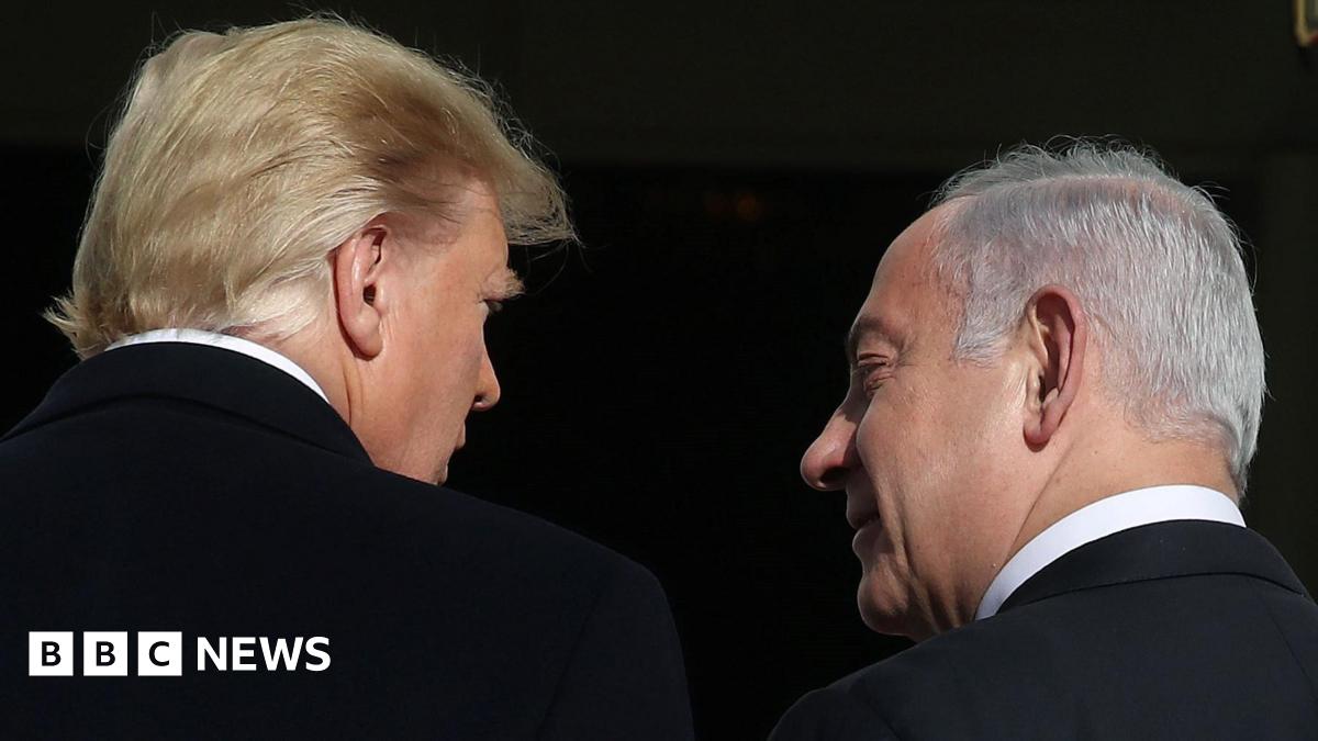 Trump is on the left with his back to the camera, looking right towards Netanyahu who is also with his back to the lens, looking left towards Trump. Both men have dark suits and white shirts