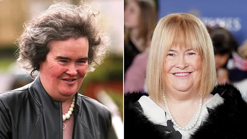 Susan Boyle in 2009 with dark curly hair and now with a blonde bob and glammed up look