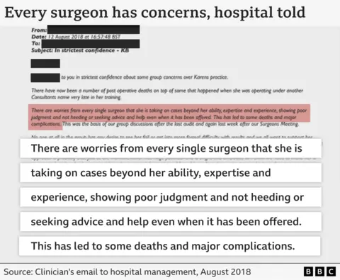 An extract from a clinician's email to hospital management, sent in August 2018. It reads: "There are worries from every single surgeon that she is taking on cases beyond her ability, expertise and experience, showing poor judgment and not heeding or seeking advice and help even when it has been offered. This has led to some deaths and major complications."