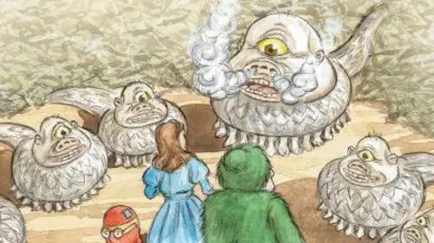 Christopher Naylor/Big Finish The illustrated cover of Rebecca’s World – Journey to the Forbidden Planet showing a child with red hair wearing a blue dress facing one-eyed blobby multi-legged aliens